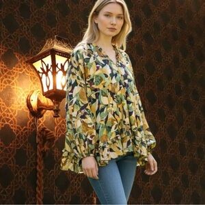 Umgee Green and Yellow Floral Blouse